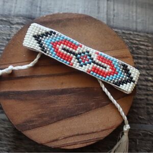White Aztec Beaded Bracelet with baby blue and red